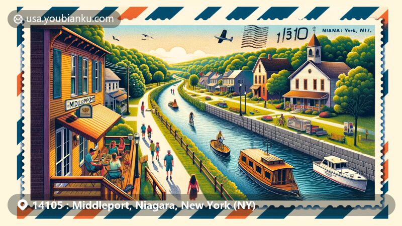 Modern illustration of Middleport, Niagara County, New York, showcasing Erie Canal towpath and community life, featuring leisure activities like biking, walking, and socializing, set against a backdrop of nature and tranquility, with postal theme including ZIP code 14105.