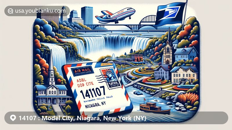 Modern illustration of Model City, Niagara County, New York, showcasing postal theme with ZIP code 14107, featuring Niagara Falls stamp and historical elements like artificial waterfall, canal, houses, Our Lady of Fatima Shrine garden, and New York state flag.