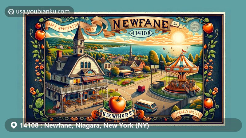 Modern illustration of Newfane, NY, showcasing picturesque landscapes, historic landmarks, and community spirit, featuring Lake Ontario, Van Horn Mansion, Herschell Carousel, and a cozy local diner, with postal elements like vintage postage stamp, '14108' ZIP code, and antique mailbox.