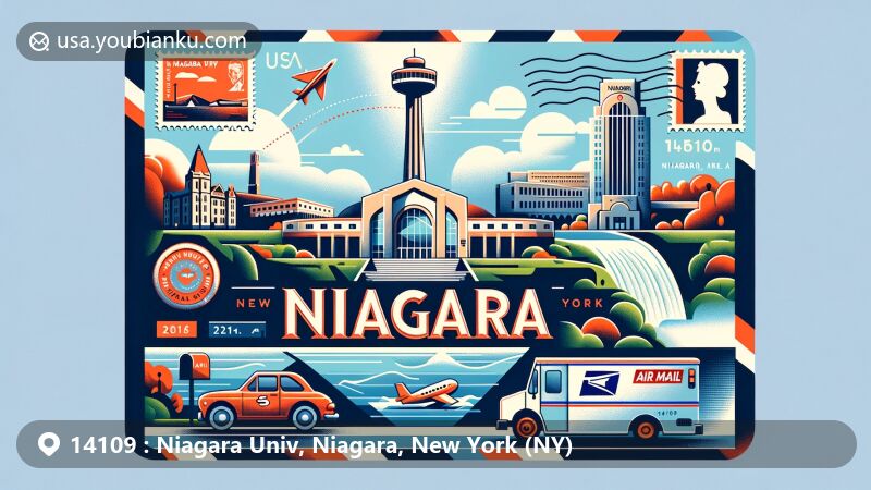 Modern illustration of Niagara University, New York, featuring Dwyer Arena and Niagara Falls, with Castellani Art Museum, showcasing postal theme with ZIP code 14109, including postcard and air mail elements.