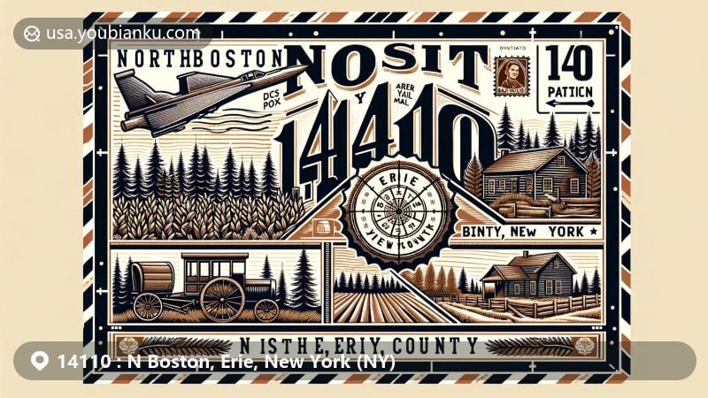 Modern illustration of North Boston, Erie County, New York, resembling an air mail envelope with Erie County outline, New York state flag, and regional symbols like forests, log cabins, and vintage postal elements.