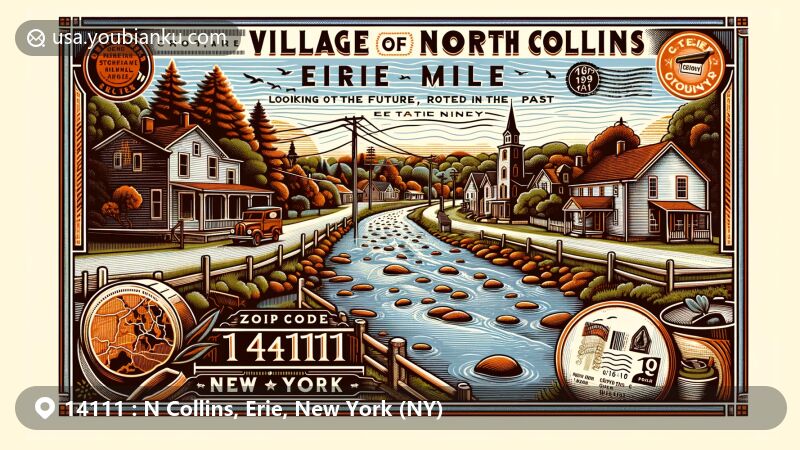 Modern illustration of North Collins, Erie, New York, capturing the essence of ZIP code 14111 with motto 'Looking to the Future; Rooted in the Past', featuring Eighteen Mile Creek and vintage postal elements.