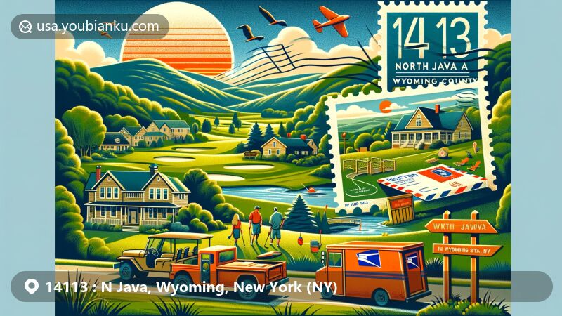 Modern illustration of North Java, Wyoming County, New York, capturing the essence of ZIP code 14113 area with rolling hills, community spirit, and outdoor activities like hiking, golf, and fishing, featuring postcard or air mail envelope with 14113 ZIP code, possibly including a postal truck or mailbox, set in a vibrant color palette.