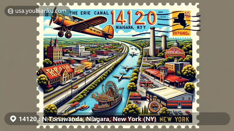 Modern illustration of N Tonawanda, Niagara County, New York, highlighting Erie Canal, Herschell Carrousel Factory Museum, aviation-themed envelope, vintage airplane, and postal elements like Erie Canal stamp and 'North Tonawanda, NY 14120' postmark.