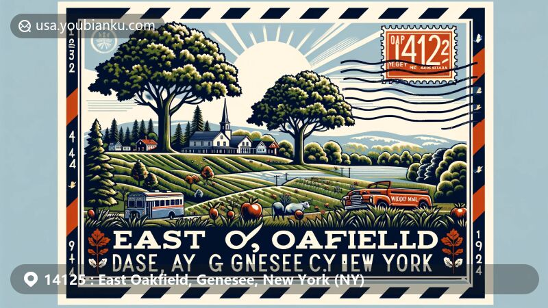 Modern illustration of East Oakfield, Genesee County, New York, capturing the essence of the area with oak trees and Oak Orchard Wildlife Management Area, incorporating postal elements like vintage postcard design and ZIP code 14125.
