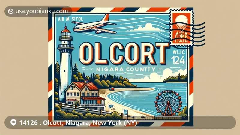Modern illustration of Olcott, Niagara County, New York, representing postal theme with ZIP code 14126, showcasing lakeside community ambiance, Thirty Mile Point Lighthouse, vintage amusement park, and Niagara County outline stamp.
