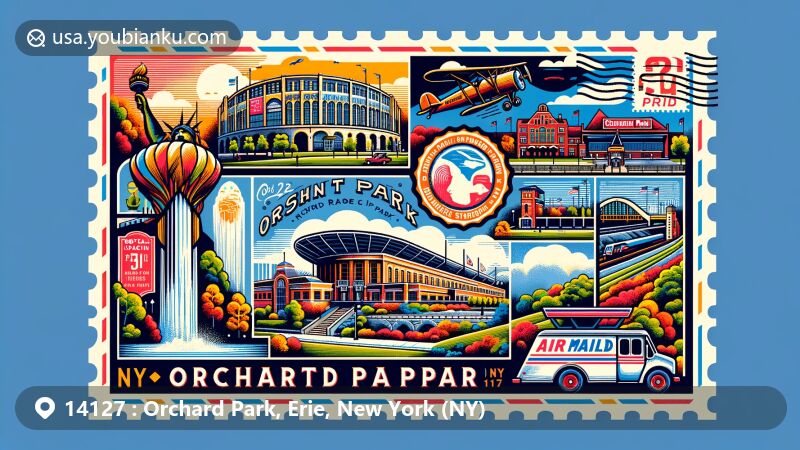 Modern illustration of Orchard Park, Erie County, New York, featuring postal theme with ZIP code 14127, showcasing landmarks like Chestnut Ridge Park, Highmark Stadium, and historic Railroad Station.