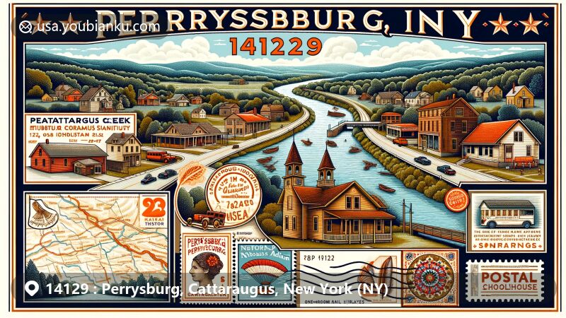 Modern illustration of Perrysburg, Cattaraugus County, New York, for ZIP code 14129, featuring Cattaraugus Creek, Perrysburg Historical Museum with JN Adam Tuberculosis Sanitarium miniature and vintage postal elements.