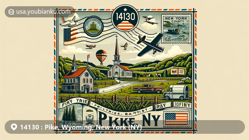 Modern illustration of Pike, Wyoming County, New York, featuring a unique airmail envelope design with local landmarks including the First Free Will Baptist Church, Wyoming County Fair symbols, and New York state flag elements.