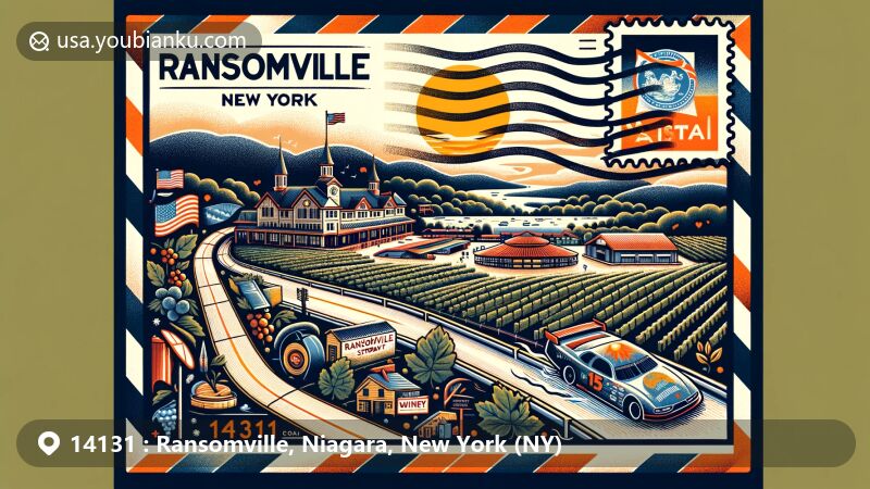 Modern illustration of Ransomville, New York, featuring Ransomville Speedway, A Gust of Sun Winery & Vineyard, and Midnight Run Wine Cellars, integrated into a vintage airmail envelope with postal marks and '14131' ZIP code.