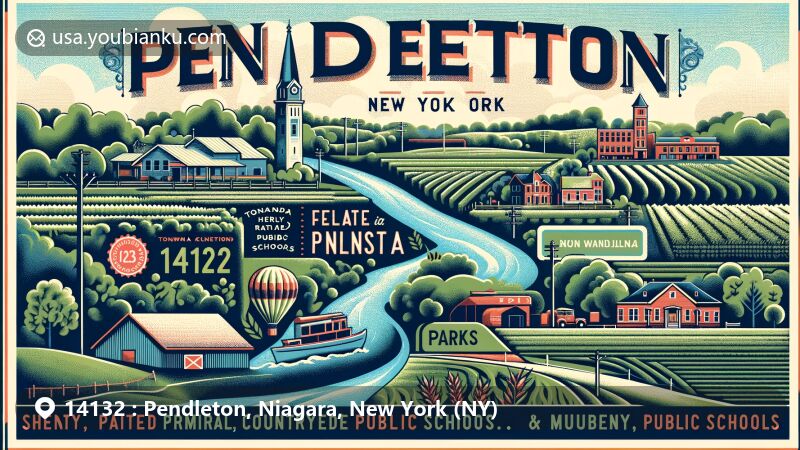 Modern illustration of Pendleton, Niagara County, New York, featuring countryside charm, public schools, and parks, with prominent 'Pendleton' and '14132', depicting Tonawanda Creek, Erie Canal, farmlands, residential areas, parks, and postal elements.