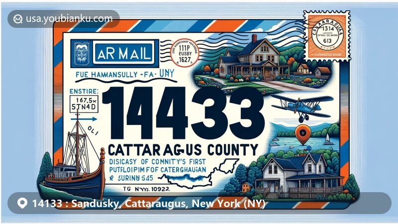 Modern illustration of Sandusky, Cattaraugus County, New York, showcasing rural charm and natural beauty, with a blend of postal history elements and ZIP code 14133.