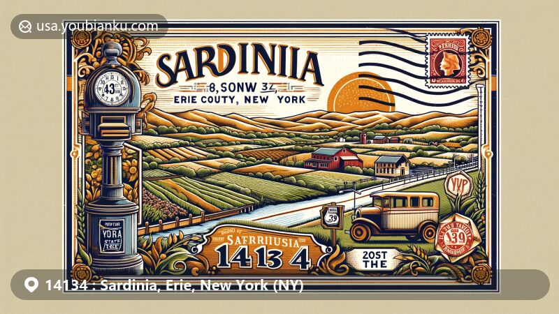 Modern illustration of Sardinia, Erie County, New York, showcasing pastoral scenery with hilltops, farmlands, NY Route 39, and Cattaraugus Creek, integrating postal theme with vintage postcard, stamps, postmark 'Sardinia, NY 14134', and classic mailbox.