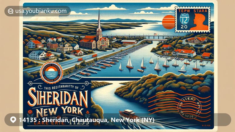 Modern illustration of Sheridan, New York, showcasing postal theme with ZIP code 14135, featuring Lake Erie, New York State Thruway, and US 20 highways.