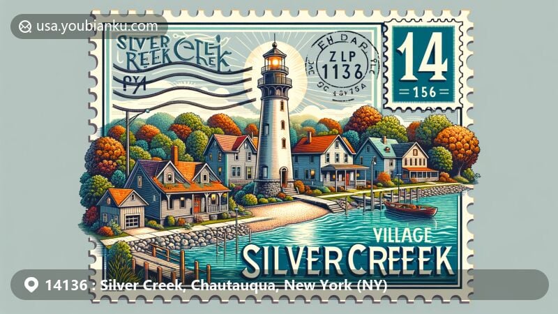 现代插画风格的Silver Creek村插图，展示了历史悠久的Silver Creek灯塔、伊利湖南岸位置和丰富的历史与自然美景，融合了14136邮政编码元素。