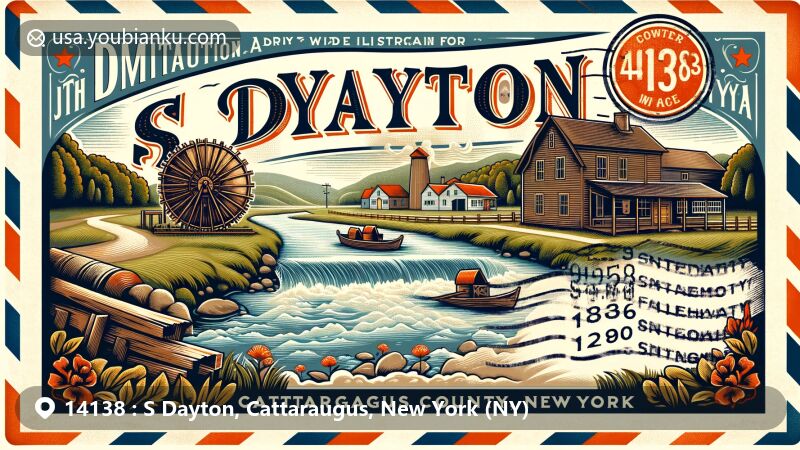 现代插画，展示了纽约州卡塔劳古斯县S Dayton地区14138邮政编码的历史和文化遗产，融合了邮政主题和自然美景，呈现了早期定居者生活场景及地理特征。