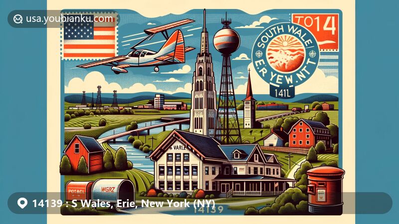 Modern illustration of South Wales, Erie County, New York, featuring WGRZ broadcast tower and weather radar, rural landscapes, vintage postal elements, and red mailbox, capturing the essence of ZIP code 14139.