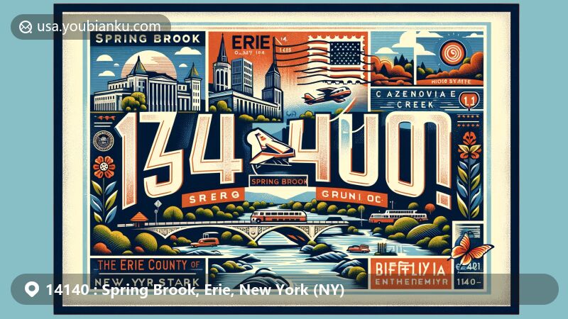 现代插图，展示纽约州埃里县Spring Brook地区，突出14140邮政编码主题，包含邮票设计和当地地标特征如Cazenovia Creek及纽约州象征。