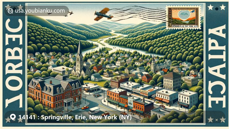 Modern illustration of Springville, Erie County, New York, reflecting diverse architectural styles of East Hill historic district, including Greek Revival, Italianate, Queen Anne, and Craftsman bungalows, showcasing Joylan Theatre, surrounded by picturesque Allegheny Mountains and valley, integrating postal theme with vintage airmail envelope frame, featuring New York state flag on stamp, postmark 'Springville, NY 14141', and incorporating mailbox and postal vehicle into village scene.