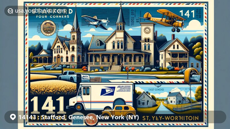 Modern illustration of Stafford Four Corners Historic District in Genesee County, New York, featuring 19th-century architecture like St. Paul's Episcopal Church and Radley-Worthington House, set against picturesque farmland, with postal theme showcasing 14143 ZIP code and New York state colors.