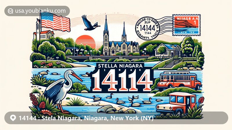 现代插画，展示纽约州纳亚加郡斯特拉妮亚加地区，强调了斯特拉妮亚加自然保护区的郁郁葱葱绿意、海岸线和丰富鸟类生活，象征着生态重要性和纳加拉瀑布国家历史遗产区内的地位。融合了纳加拉河标志性元素和斯特拉妮亚加教育园区的哥特式建筑，结合了14144邮政编码的邮政主题元素。