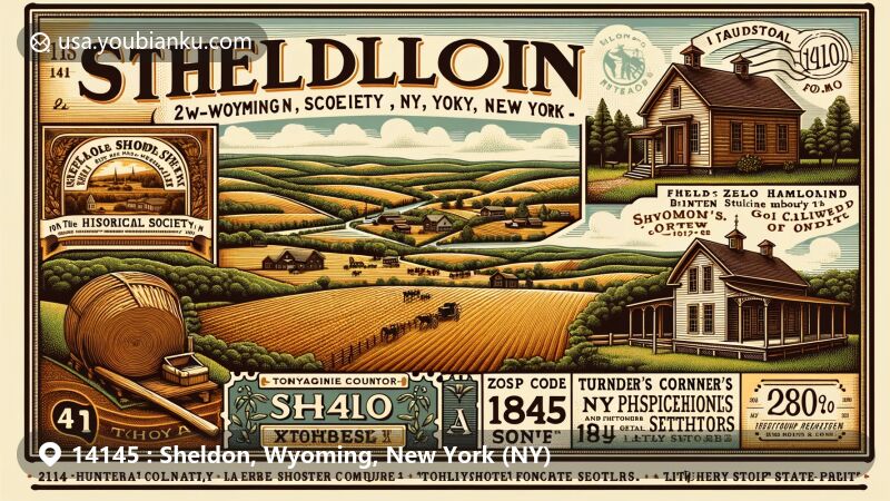 Vintage-style illustration of Sheldon, Wyoming County, New York, showcasing rural charm and historical richness with rolling hills, farmlands, Sheldon Historical Society's schoolhouse museum, and Wyoming County's natural beauty.