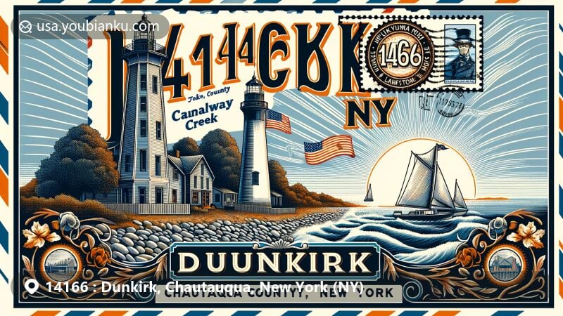 Modern illustration of Dunkirk, Chautauqua County, New York, capturing historical and geographical elements like Dunkirk Lighthouse and Canadaway Creek, featuring vintage airmail envelope design with Lake Erie stamp.