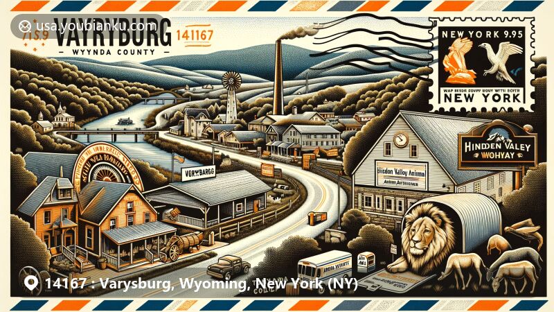 Modern illustration of Varysburg, Wyoming County, New York, showcasing historical sawmill and gristmill, lush valleys by Tonawanda Creek, modern attractions like Hidden Valley Animal Adventure and Byrncliff Golf Resort, set in vintage air mail envelope with postal theme.