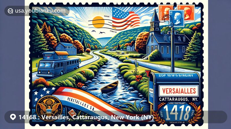Modern illustration of Versailles, Cattaraugus County, New York, featuring scenic Cattaraugus Creek and postal theme with ZIP code 14168, showcasing stamps, postal mark, mailbox, and New York state flag.