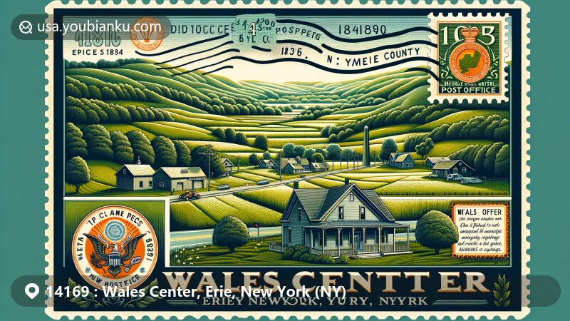 Modern illustration of Wales Center, Erie County, New York, featuring postcard with ZIP code 14169, adorned with New York state symbols, stamp, and postmark design, set against hills and green fields.