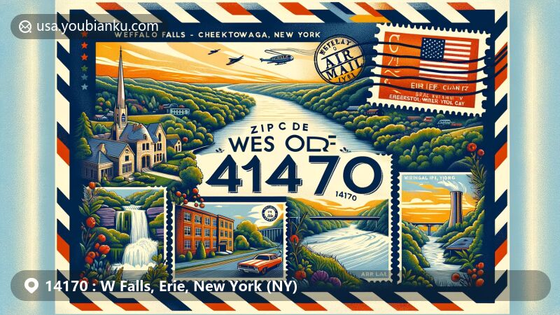 Modern illustration of West Falls, Erie County, New York, capturing the essence of a peaceful rural community with hints of the Niagara River's beauty, featuring a vintage air mail envelope showcasing ZIP code 14170 and elements representing Erie County and New York's natural beauty.