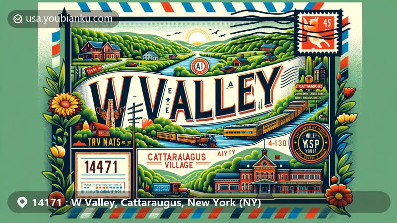 Modern illustration of W Valley, Cattaraugus, New York, showcasing lush green landscape, Cattaraugus Village Commercial Historic District, and the origin of the name 'Cattaraugus,' with postal elements like vintage stamp and ZIP code 14171.