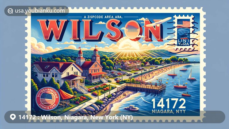 Modern illustration of Wilson, Niagara, New York, showcasing postal theme with ZIP code 14172, featuring Wilson-Tuscarora State Park and Victorianbourg Wine Estate, reflecting natural beauty and local attractions.