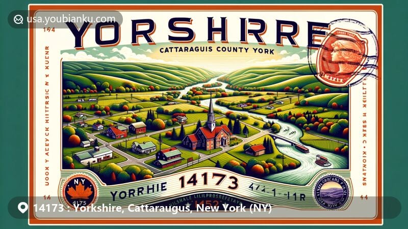 Modern illustration of Yorkshire, Cattaraugus County, New York, highlighting local geography and history with ZIP code 14173, featuring rolling landscapes, Yorkshire Cemetery, and New York State Routes 16 and 39.