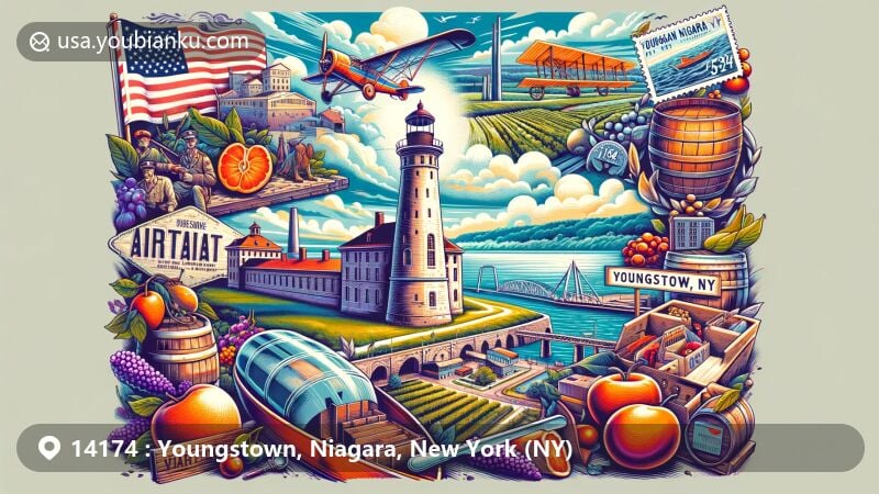 Modern illustration of Youngstown, NY, featuring Old Fort Niagara, agricultural elements, and postal theme with ZIP code 14174, showcasing the village's history, cultural heritage, and connectivity.