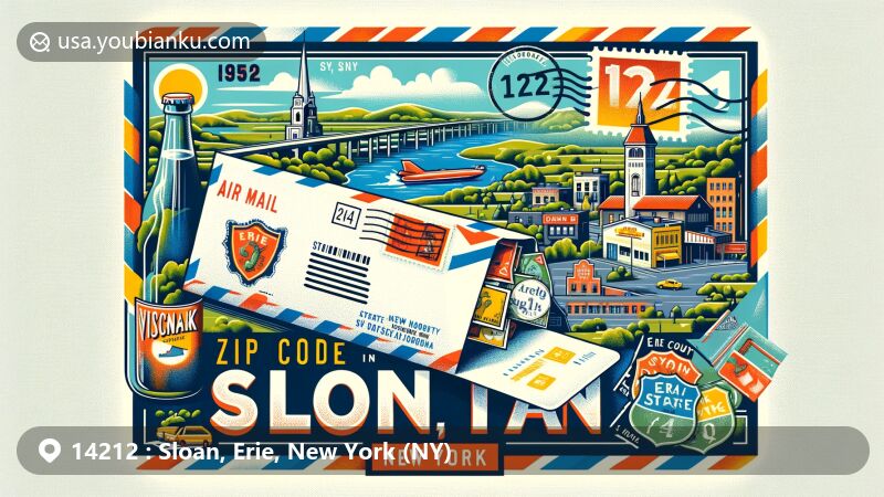 Modern illustration of Sloan, Erie, New York, showcasing postal theme with ZIP code 14212, featuring air mail envelope, stamps, postmarks, New York State map with Thruway, and Visniak soft drink brand reference.