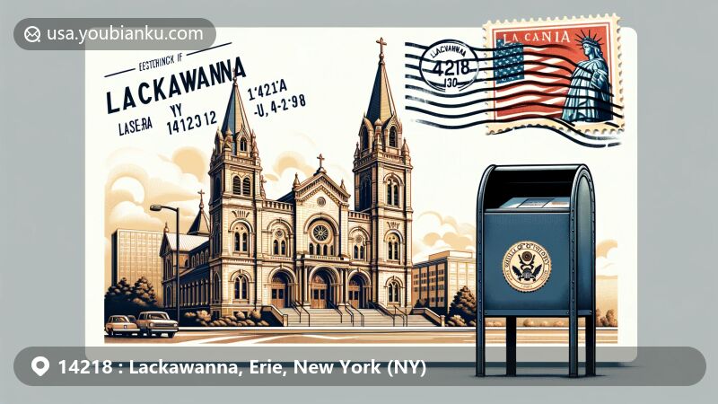 Modern illustration of Our Lady of Victory Basilica, Lackawanna, Erie County, New York, showcasing postal theme with ZIP code 14218, featuring American-style mailbox and cityscape.
