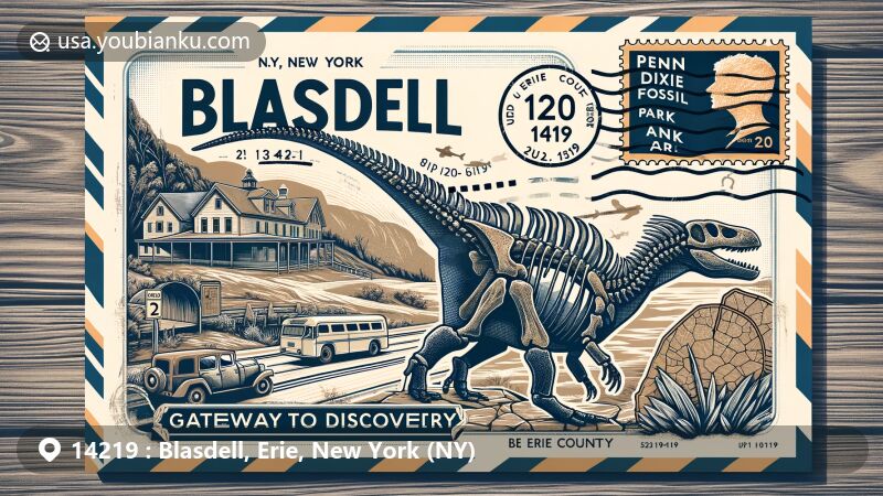 Creative illustration of Blasdell, Erie County, New York, showcasing postal theme with ZIP code 14219, featuring Penn Dixie Fossil Park and fossil hunting activities.