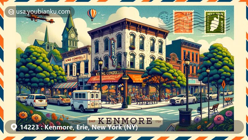 Modern illustration of Kenmore, Erie County, New York, depicting vibrant street scenes and King Condrell’s Ice Cream Shop, incorporating postal elements like vintage airmail background and ZIP Code 14223, along with symbols of New York State and American culture.