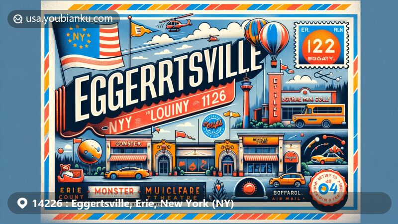 Modern illustration of Eggertsville, NY, Erie County, resembling a postal postcard with Buffalo landmarks and New York state flag, featuring Boulevard Mall and cultural venues.