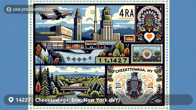 Vibrant illustration of Cheektowaga, Erie County, New York, showcasing Walden Galleria, Polish-American cultural symbols, Seneca tribe representation, and Reinstein Woods Nature Preserve, integrated with postal theme featuring ZIP code 14227 and historic landmarks.
