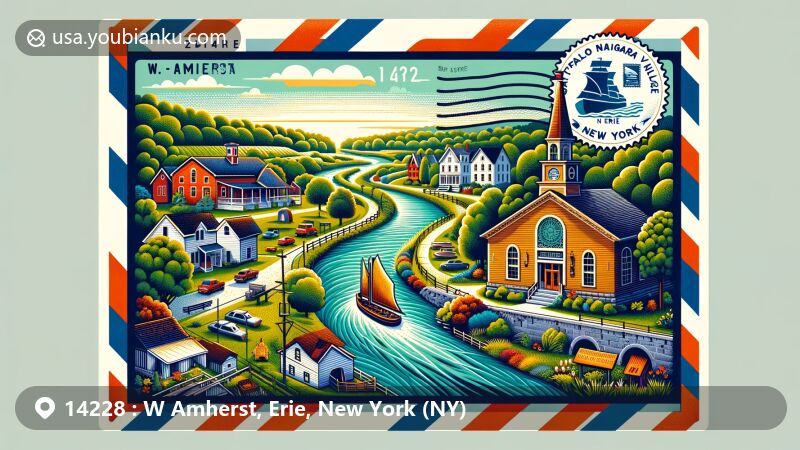 Modern illustration of W Amherst, Erie, New York, showcasing Buffalo Niagara Heritage Village and Nature View Park, with a postal theme featuring historic buildings, church, schoolhouses, serene nature, and Erie Canal, highlighting ZIP code 14228.