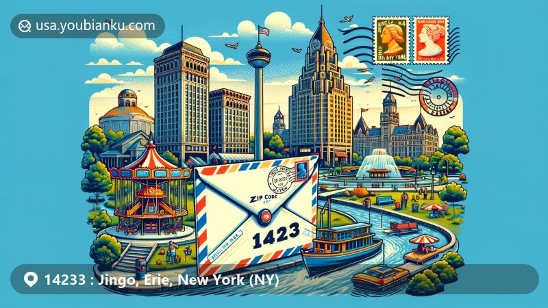 Modern illustration of Buffalo, New York, showcasing a postal theme with ZIP code 14233, featuring vintage airmail envelope with stamps, postal marks, and vibrant cultural landmarks like Canalside, Buffalo City Hall, Silo City, and more.