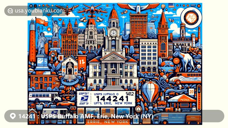 Modern illustration showcasing Buffalo's landmarks like Old County Hall, St. Paul's Cathedral, and McKinley Monument, blended with postal elements for ZIP code 14241, including stamps and postmark.