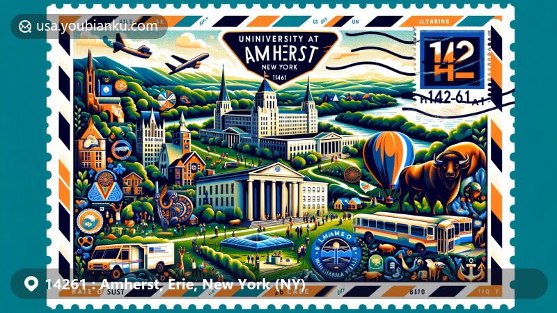 Modern illustration of Amherst, NY, showcasing ZIP code 14261, featuring University at Buffalo and Buffalo Niagara Heritage Village, with symbols of Taste of Williamsville and the Irish Festival, against the backdrop of Amherst State Park's natural beauty and postal elements.