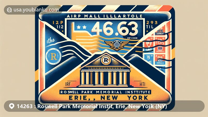 Modern illustration of Roswell Park Memorial Institute, Erie County, New York, featuring ZIP code 14263, airmail envelope theme, New York state flag, and Erie County design elements.