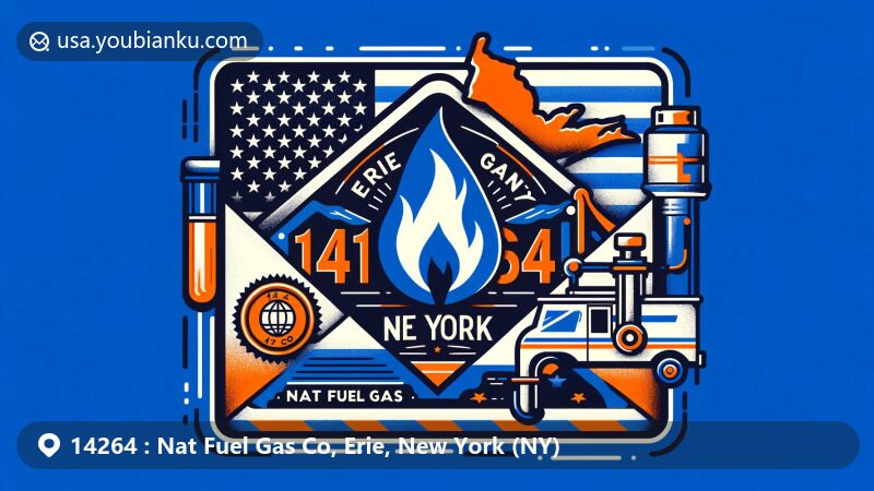 Modern illustration of ZIP Code 14264 area in New York, showcasing state flag background, Erie County outline, and Nat Fuel Gas Co symbol, integrating postal elements like stamp, postal mark, and mailbox or postal van.