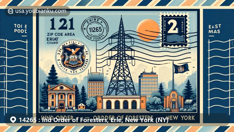Modern illustration of Ind Order of Foresters, Erie, New York, featuring Electric Tower, New York State flag, and postal stamp with ZIP code 14265, blending heritage and postal theme.