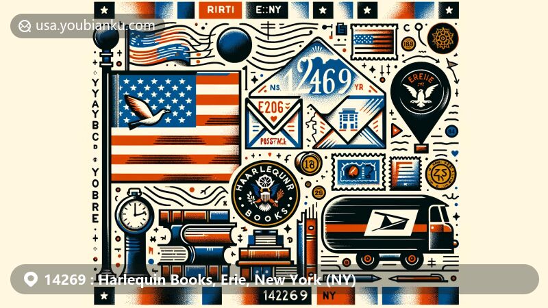 Modern illustration of Harlequin Books, Erie County, New York, showcasing postal theme with ZIP code 14269, featuring airmail envelope with New York state flag stamp, American mailbox, and books symbolizing Harlequin Books.