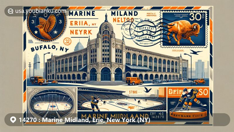 Modern illustration of Marine Midland in Erie County, New York, showcasing historic Marine Trust Company Building, modern Marine Midland Center, and sports significance with Marine Midland Arena, featuring postal elements like stamps and postmarks.